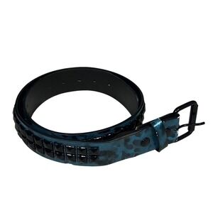 Y2K Studded Belt Blue Leopard Print Grunge Goth Cyber Faux Leather Size M